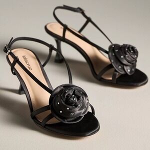 NWOB Lola‎ Cruz 3D Gem Flower Slingback Heels Black Satin Rosette Rhinestone 9.5